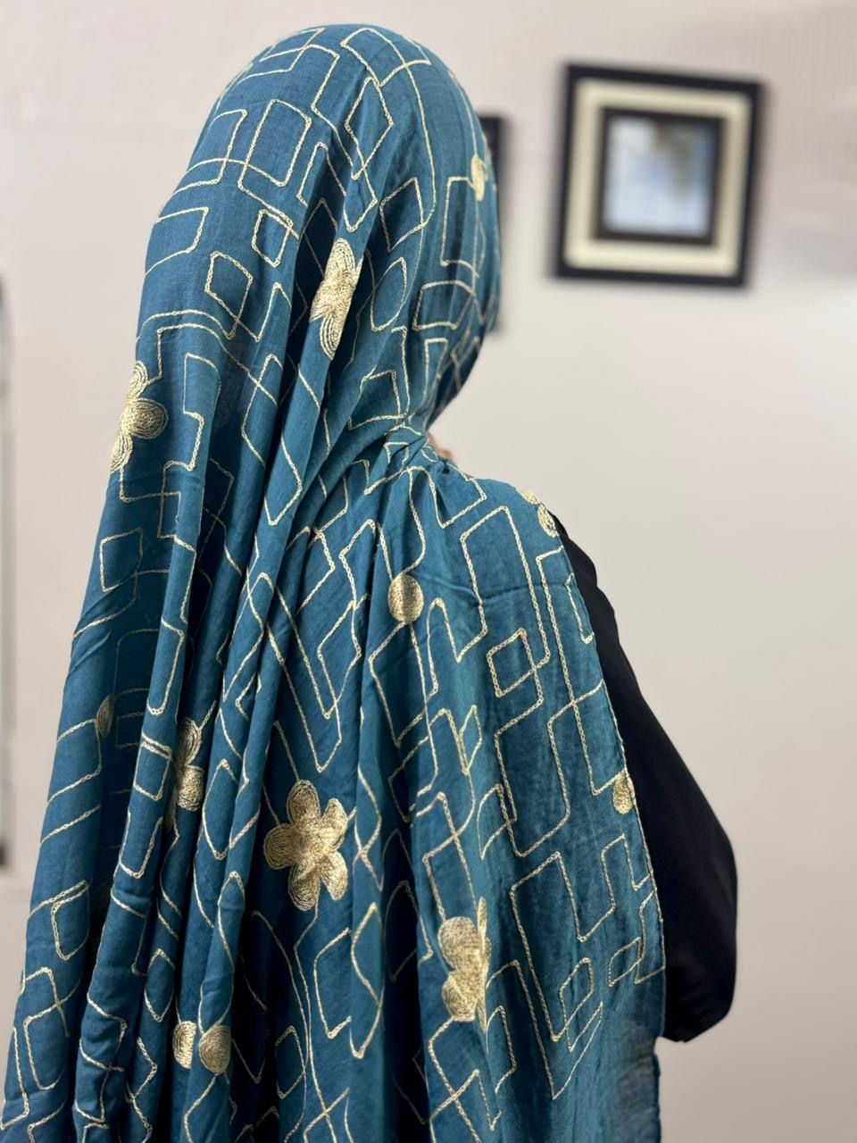 Zara Embroidery Lawn Scarf - Teal