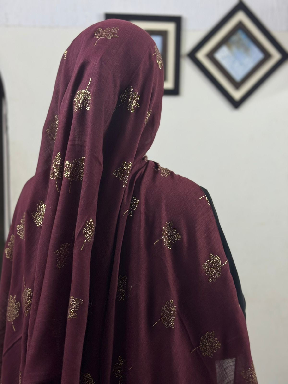 Turkish Lawn Spring Leaf Foil Print - Velvet Maroon