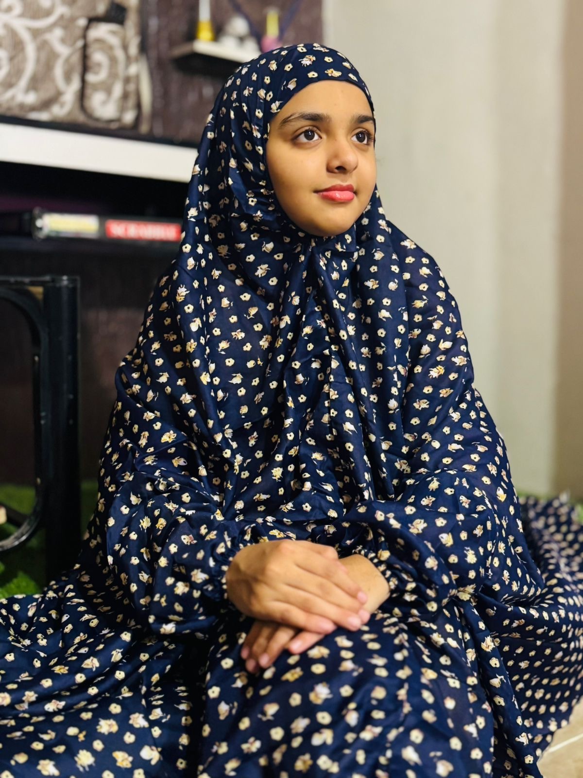 KIDS NAMAZ CHADDAR WITH FULL SLEEVES - BLUE SPRING FLORAL 12 to 14 Years