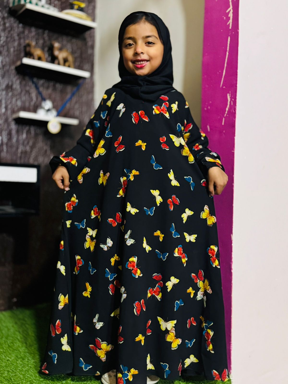 Kids Abaya MAXI Style - Black in Multi Butterflies