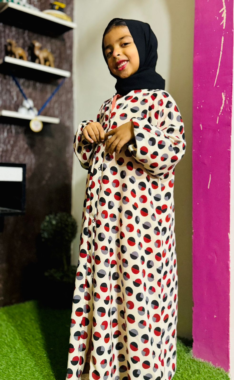 Kids Abaya Front Open Style - Sphere Black n Red