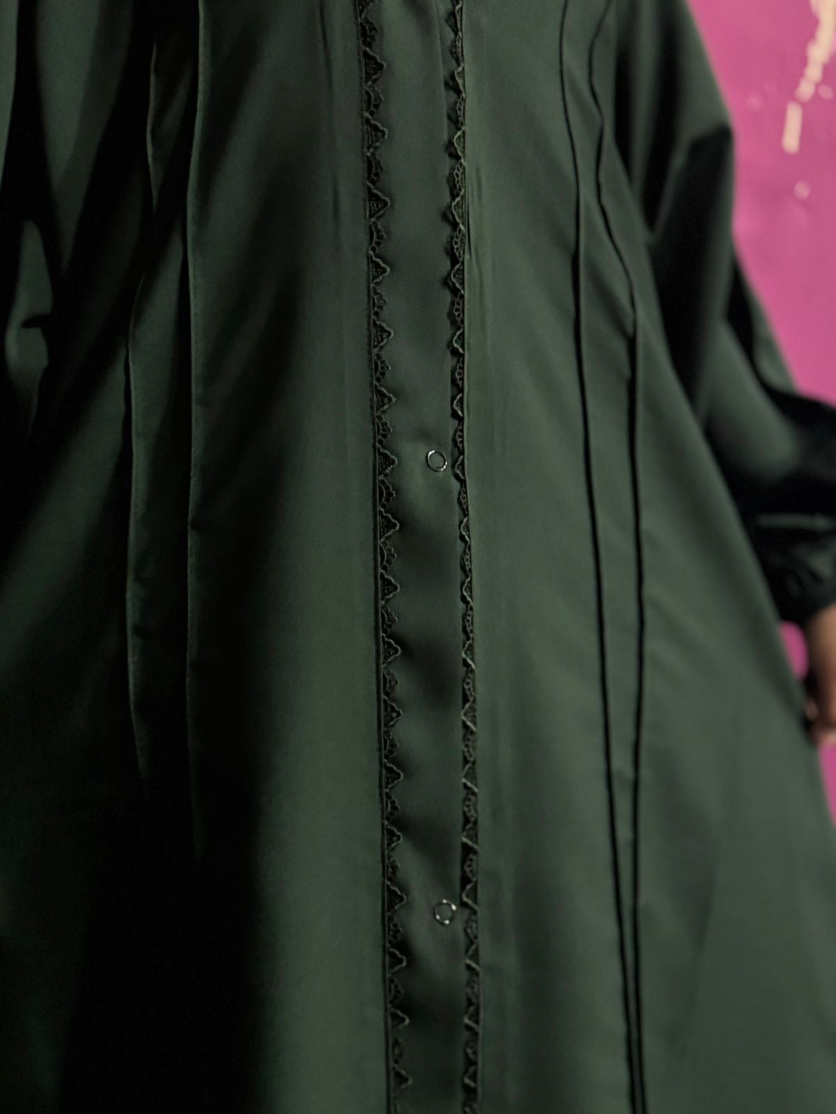 Kids Fashion Abaya Front Open Style - Green with Pleates n Lace