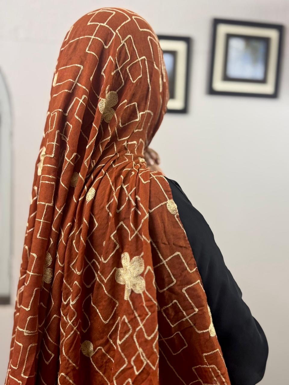 Zara Embroidery Lawn Scarf - Rusty Brown