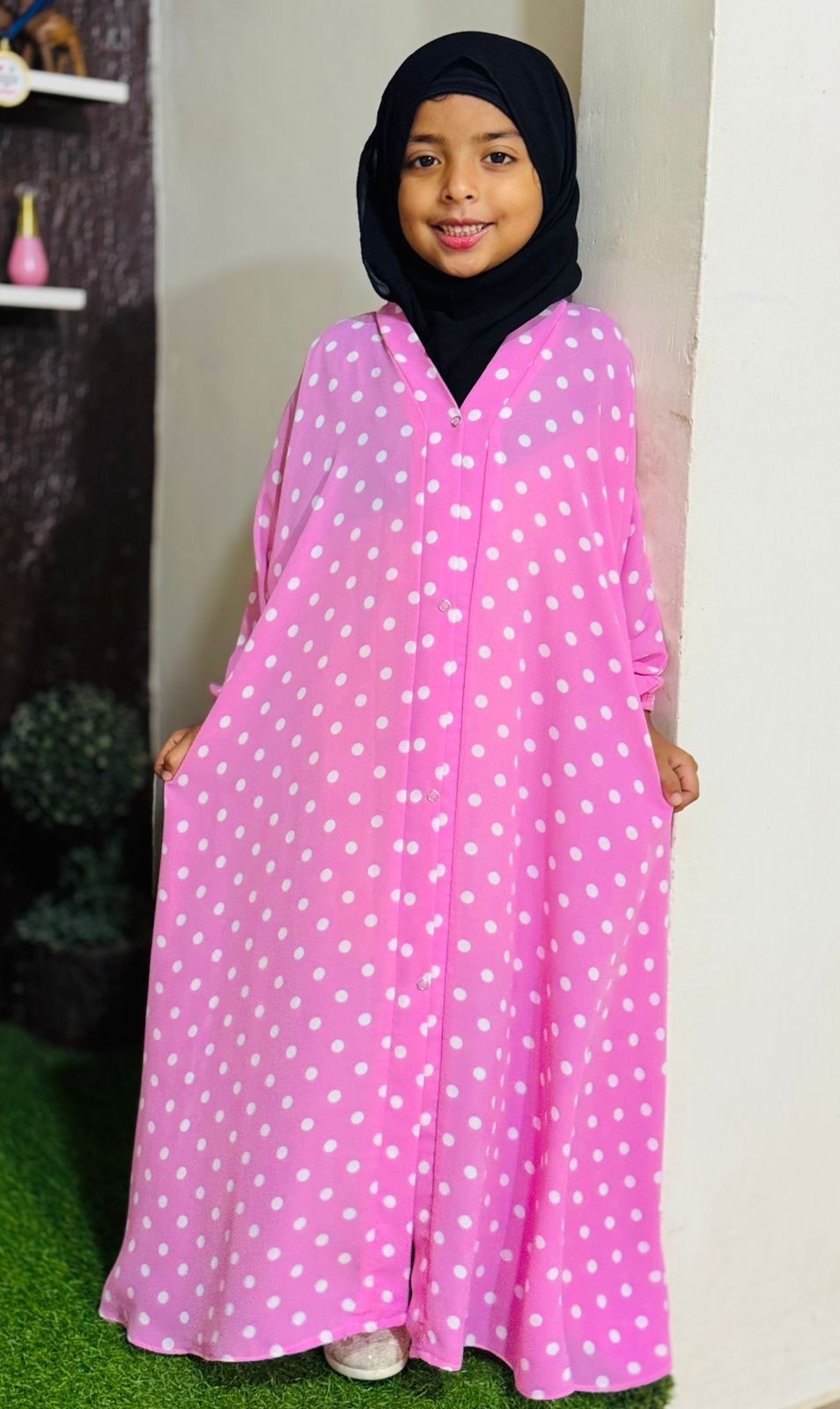 Kids Abaya Front Open Style - Pinky Dots