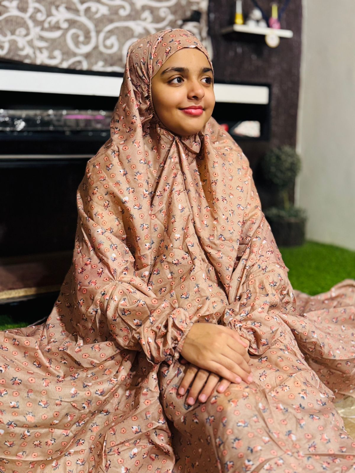 KIDS NAMAZ CHADDAR WITH FULL SLEEVES - DEEP NATURAL SPRING FLORAL 12 to 14 Years