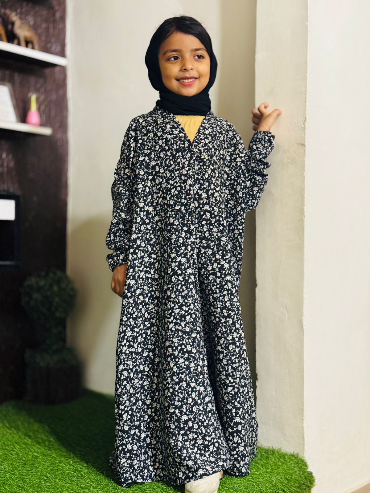 Kids Abaya Front Open Style - Black Mini Flowers