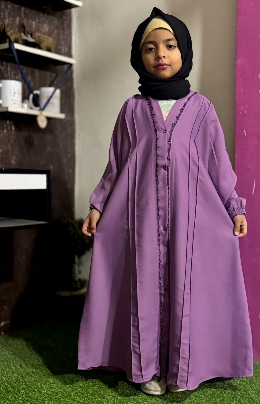 Kids Fashion Abaya Front Open Style - Light Purple with Pleates n Lace