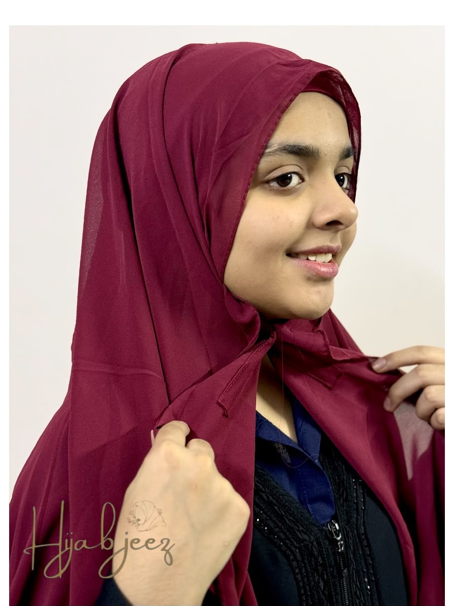 Georgette Hijab with attached Magnet & Tube Cap - Maroon
