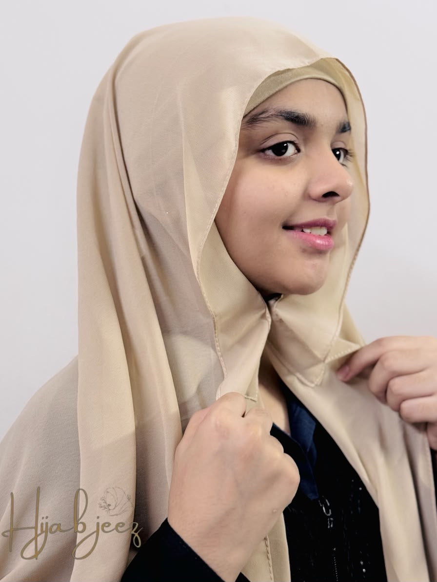 Georgette Hijab with attached Magnet & Tube Cap - Cream Coffee