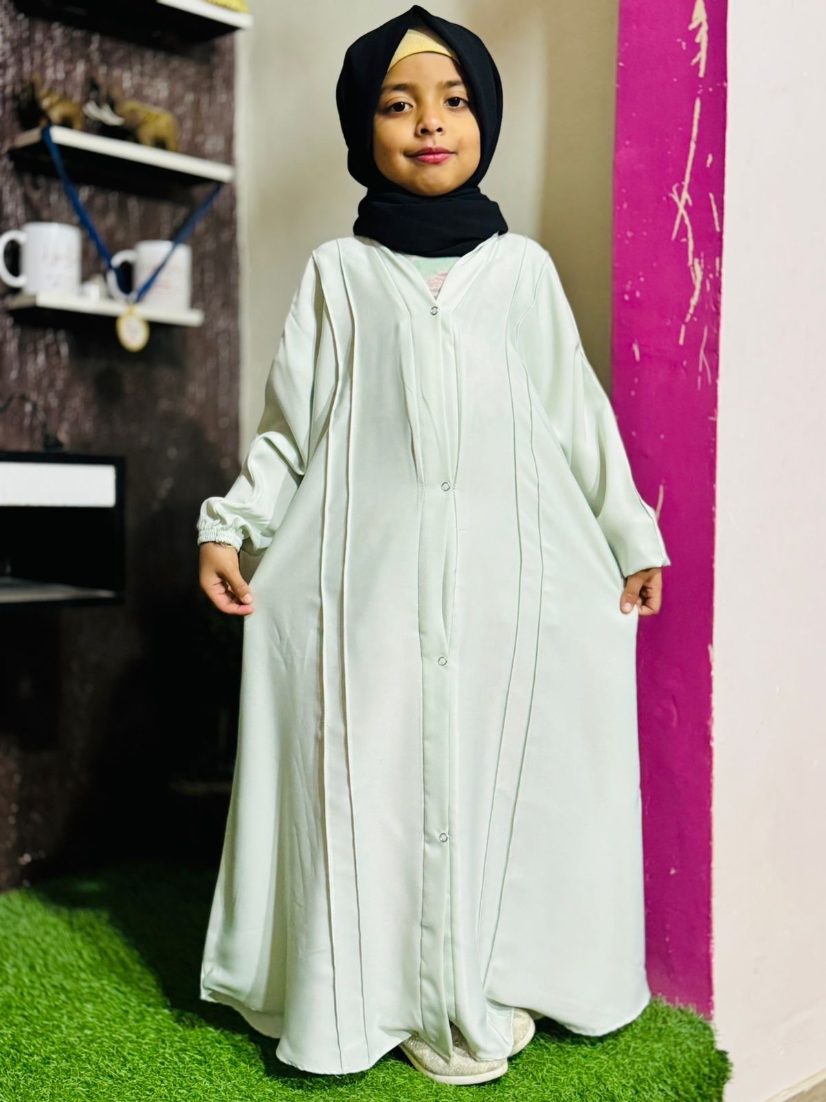 Kids Fashion Abaya Front Open Style - IceGreen with Pleates