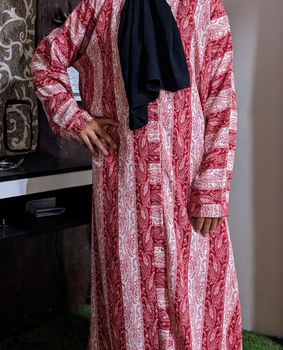 Adults Printed Abaya Front Open Style - Red Velvet