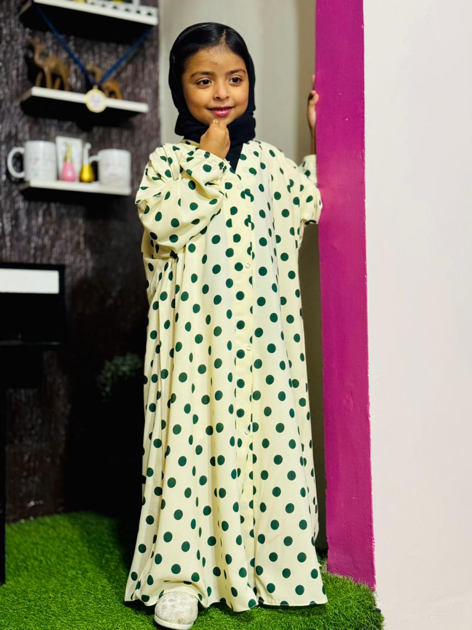 Kids Abaya Front Open Style - Bigger Dots Green