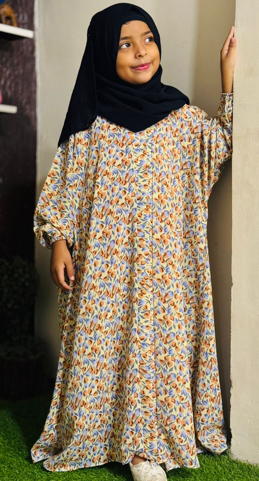 Kids Abaya Front Open Style - Multi Tulips