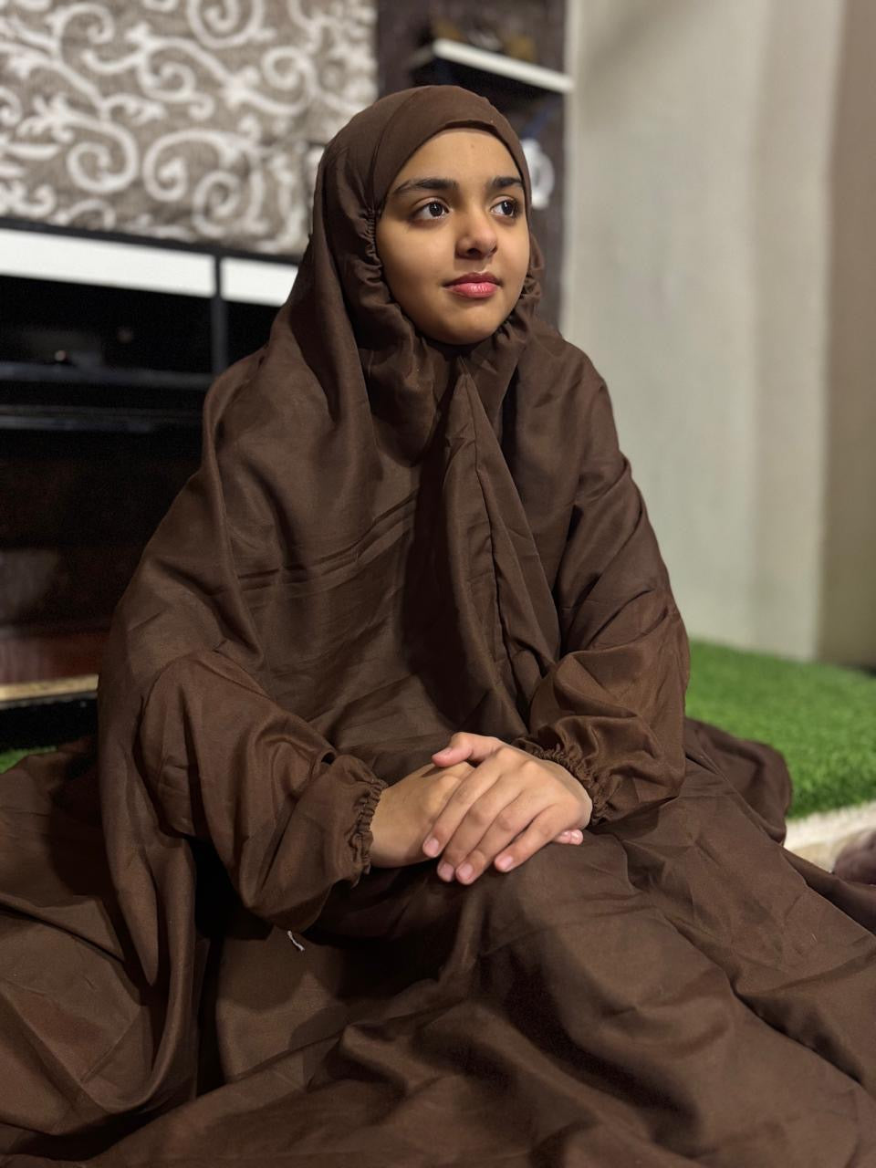 KIDS NAMAZ CHADDAR WITH FULL SLEEVES - PLAIN PASTEL BROWN 12 to 14 Years