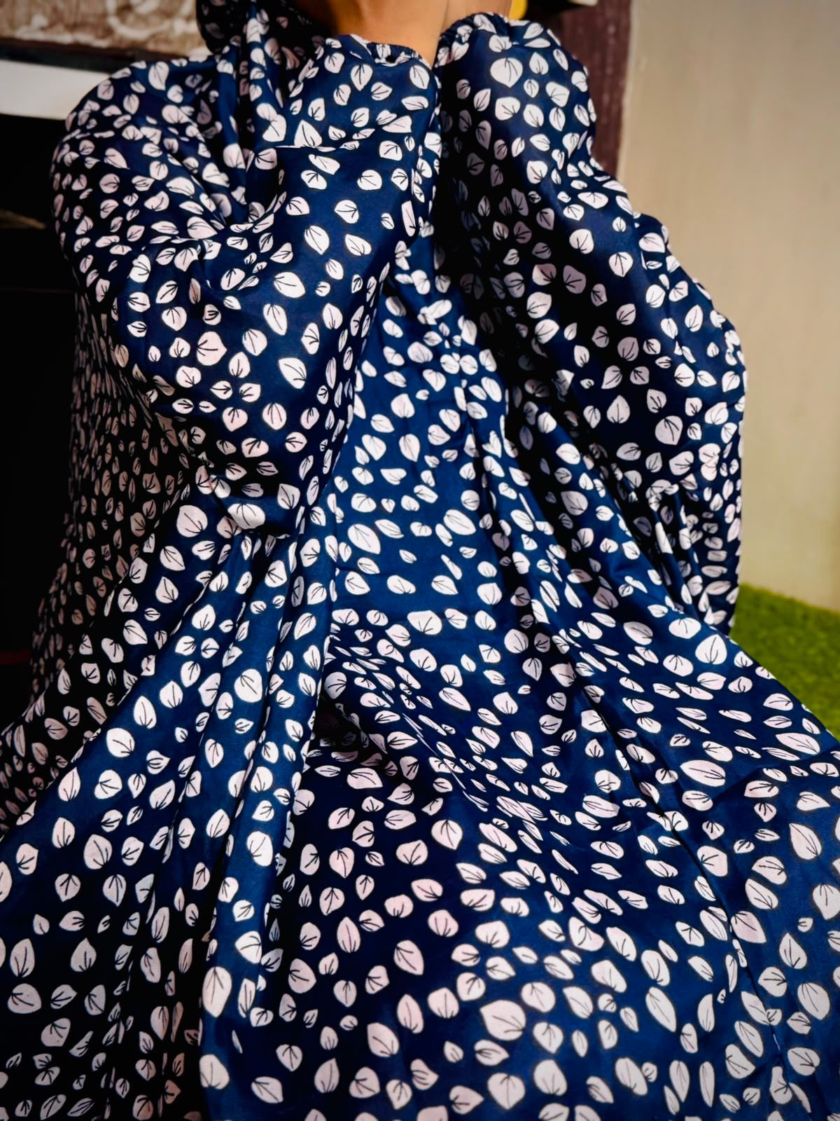 ADULTS NAMAZ CHADDAR WITH SLEEVES N NIQAB- WINTER LEAF BLUE - STANDARD SIZE