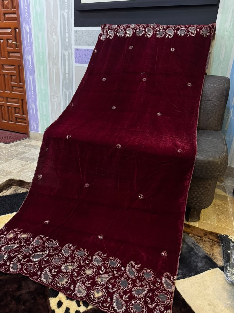 Luxury Velvet Cut Work Shawl - Bean Maroon
