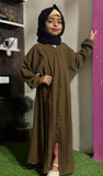 Kids Fashion Abaya Front Open Style - Brown with Pleates n Lace