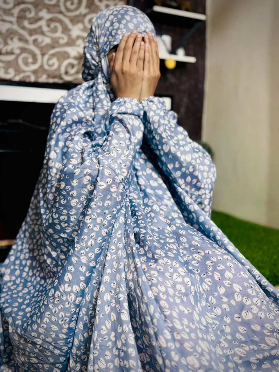 ADULTS NAMAZ CHADDAR WITH SLEEVES N NIQAB- WINTER LEAF GREYISH BLUE- STANDARD SIZE