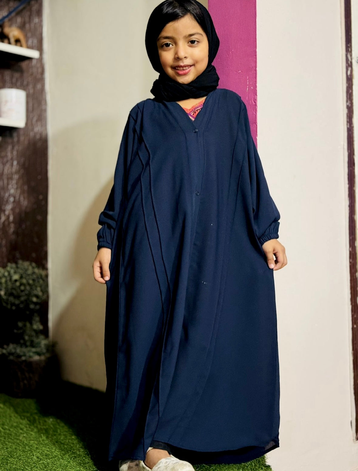 Kids Fashion Abaya Front Open Style - Deep Navy with Pleates