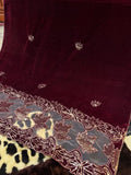 Luxury Velvet Cut Work Shawl - Leaf Maroon