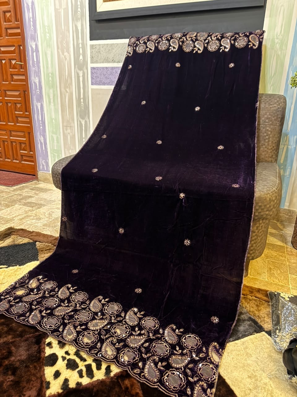 Luxury Velvet Cut Work Shawl - Bean Deep Purple