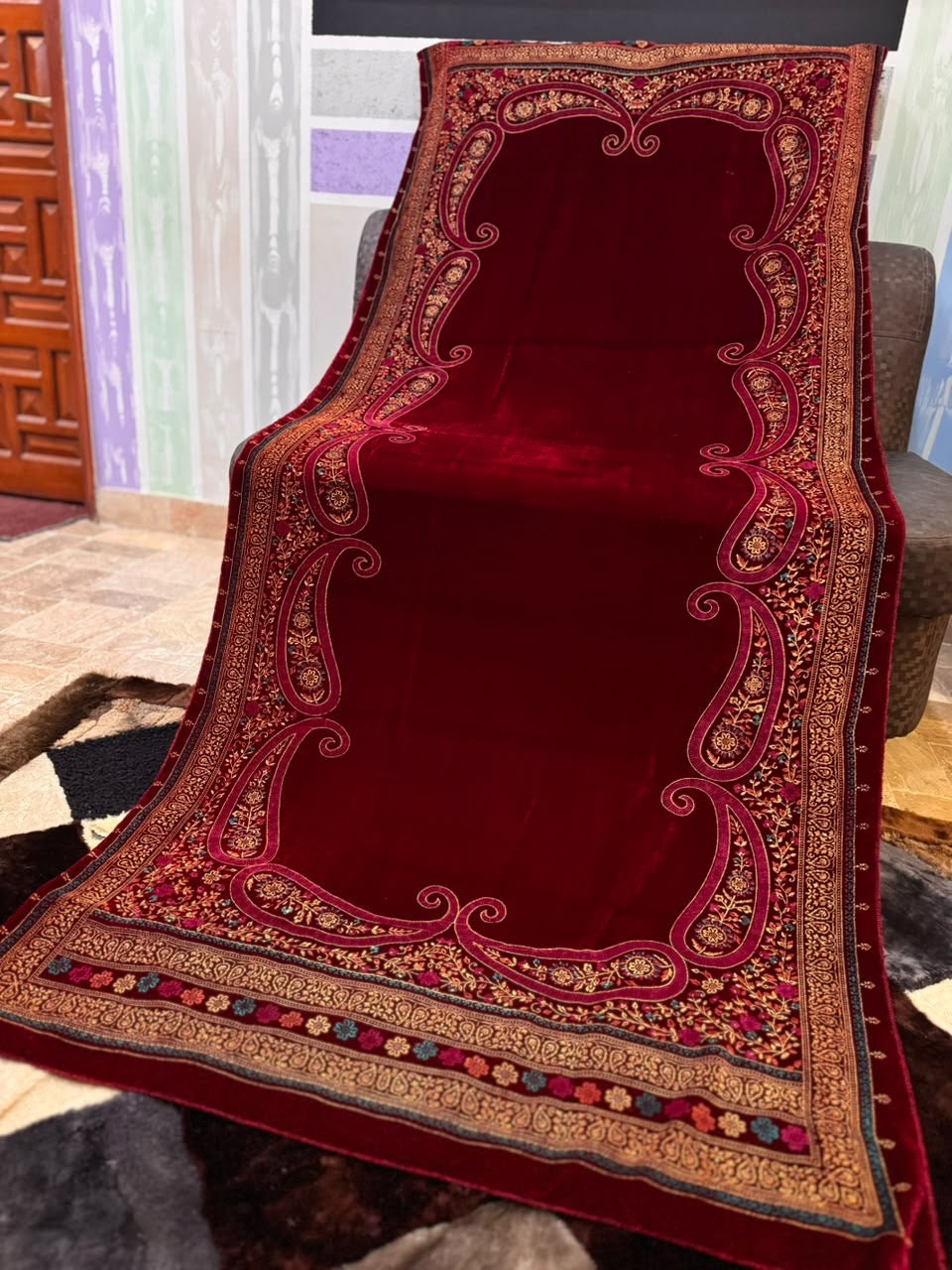 Royal Velvet Block Print Shawl - Maroon