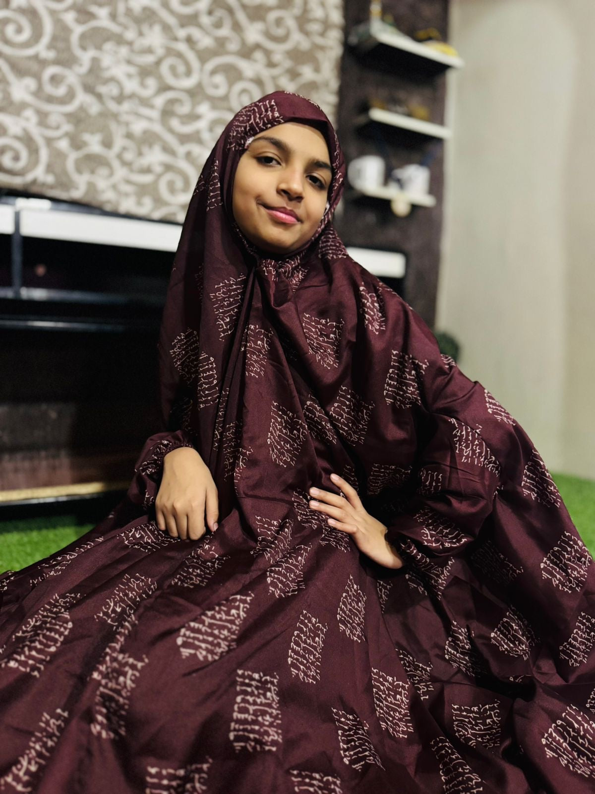KIDS NAMAZ CHADDAR WITH FULL SLEEVES - MAROON WITH CALLIGRAPHY 8 to 11 Years