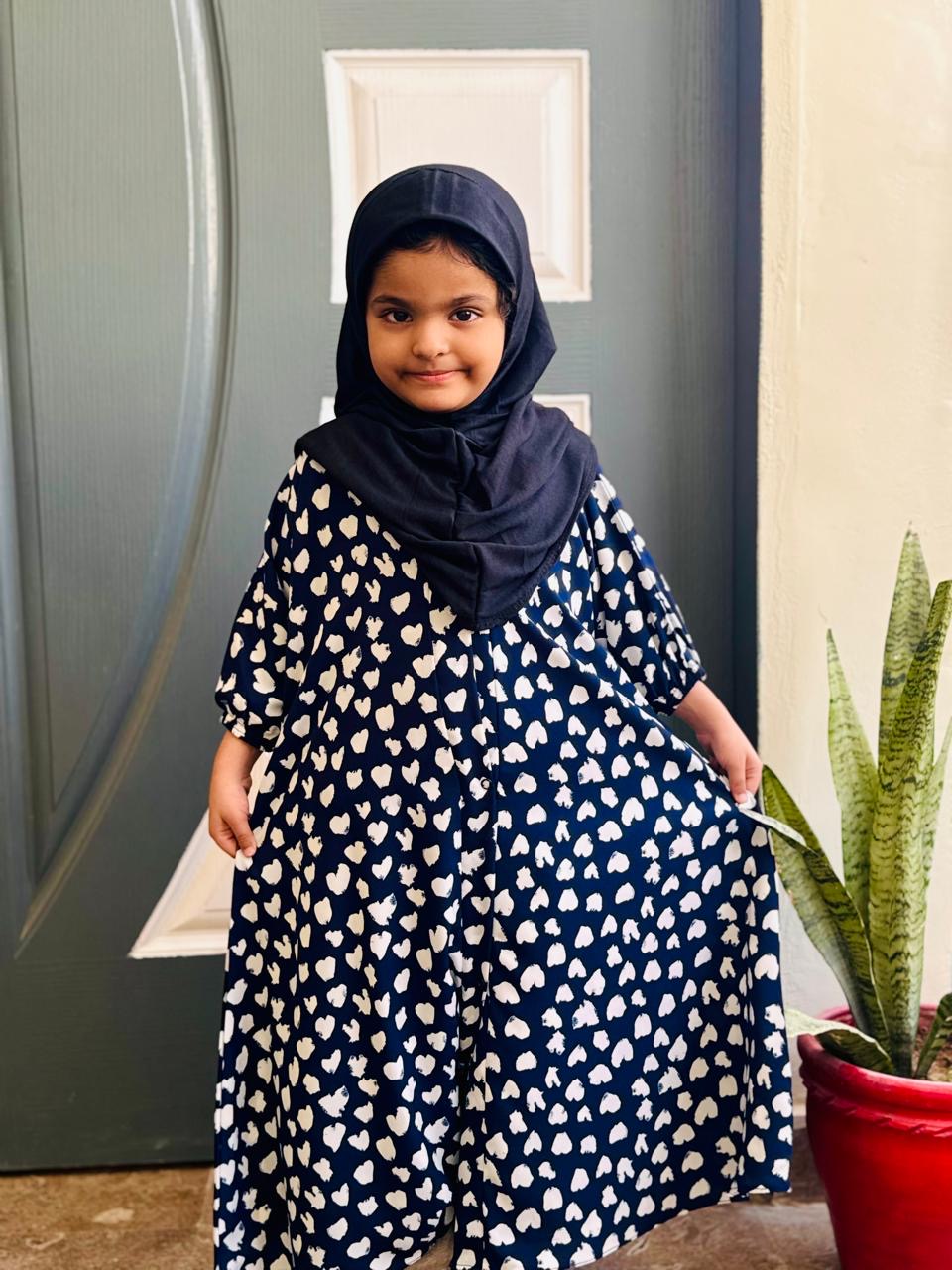 BABY Printed Abaya Front Open Style - Hearts In Blue