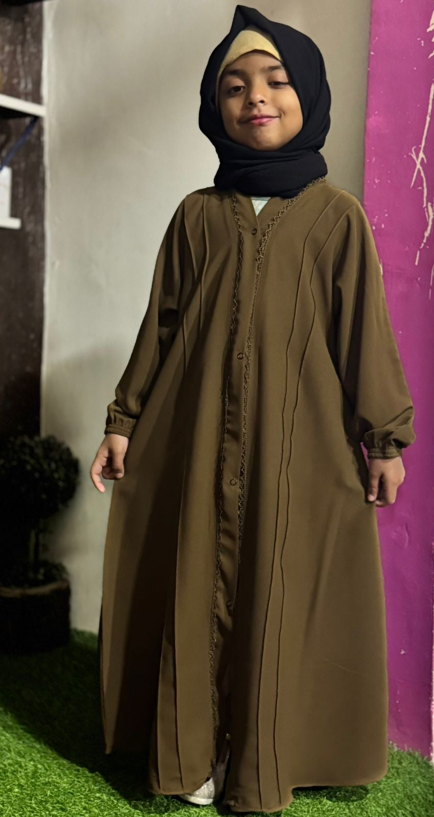 Kids Fashion Abaya Front Open Style - Brown with Pleates n Lace