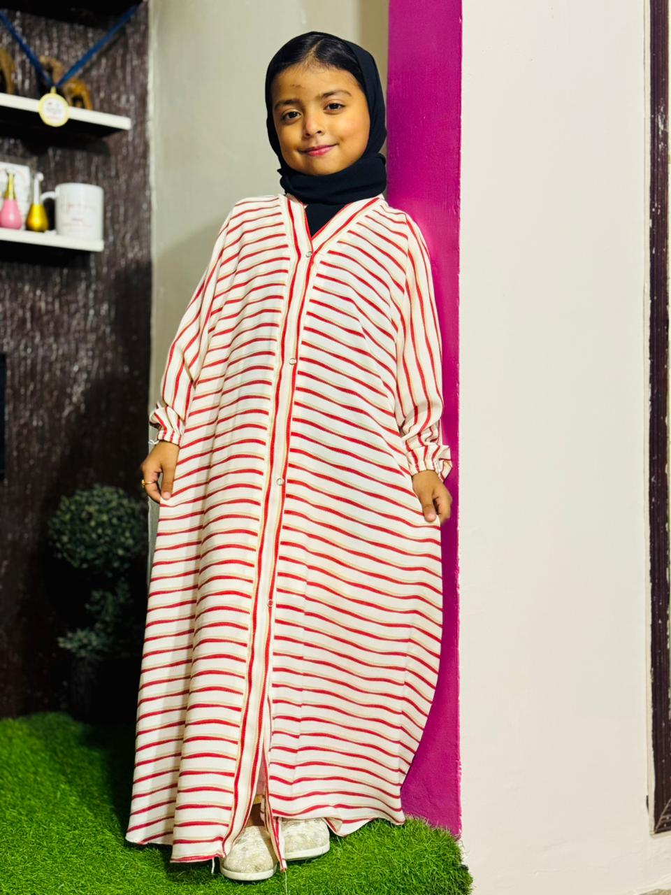 Kids Abaya Front Open Style - Red Lines