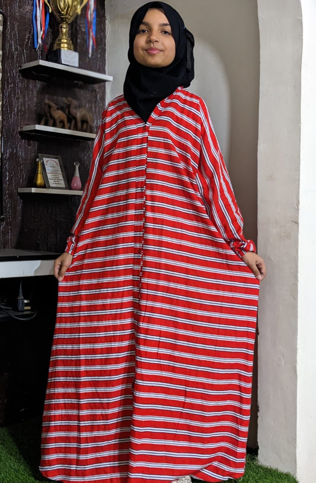 Pure Lawn Kids Abaya Front Open Style - Red Bars