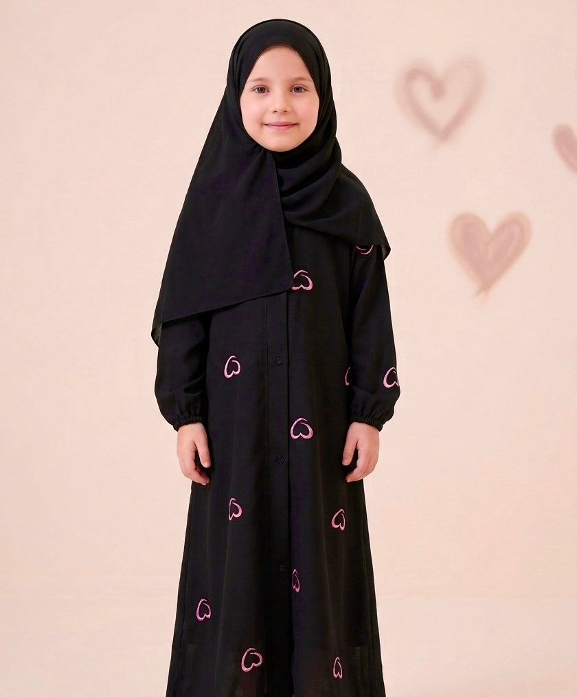 Kids NIDA Abaya Front Open Style - Emb Hearts