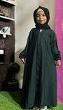 Kids Fashion Abaya Front Open Style - Green with Pleates n Lace