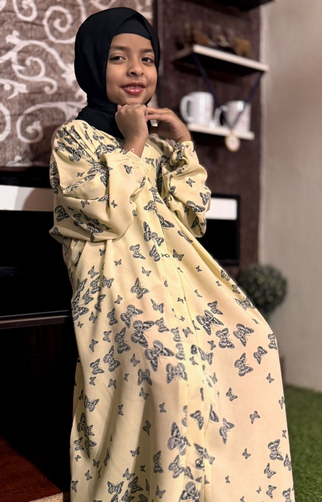 Kids Abaya Front Open Style - Desert Multi Butterflies