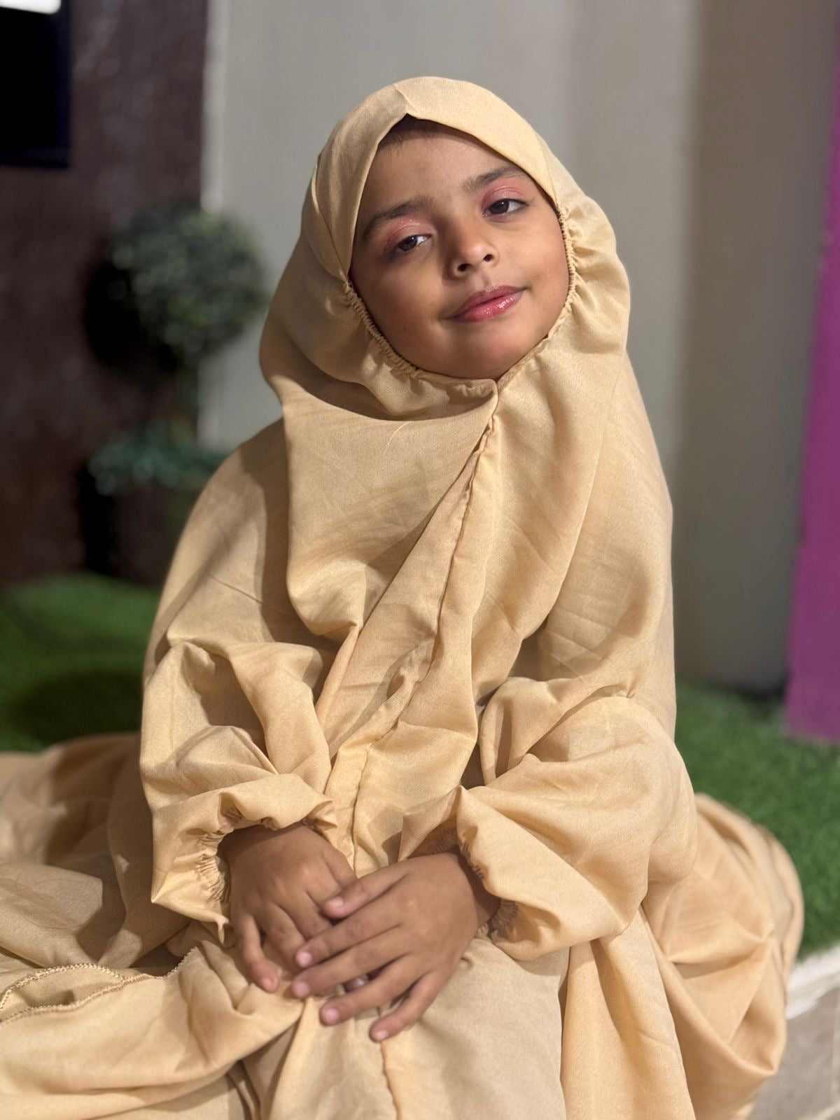 KIDS NAMAZ CHADDAR WITH FULL SLEEVES - BEIGE PLAIN 5 to 7 Years