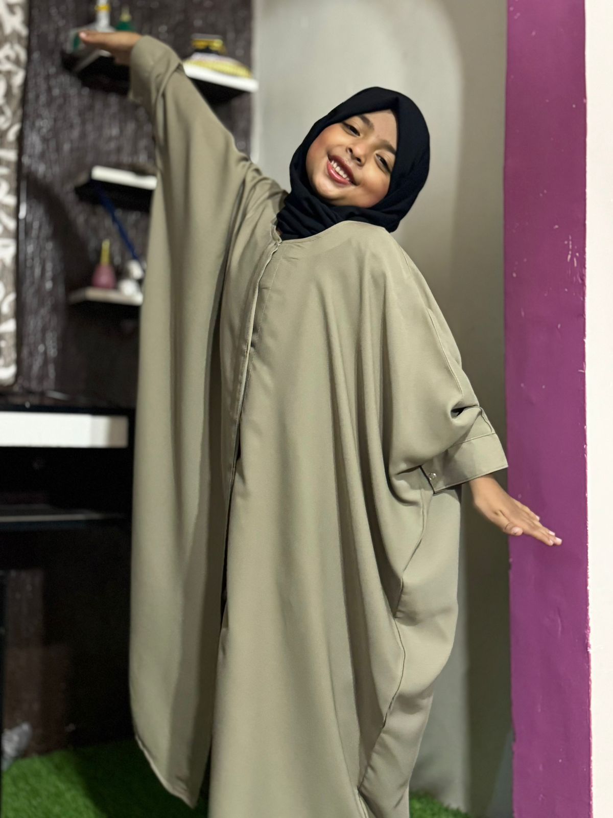 Kids Kaaftan Abaya Front Open Style - Greyish Green