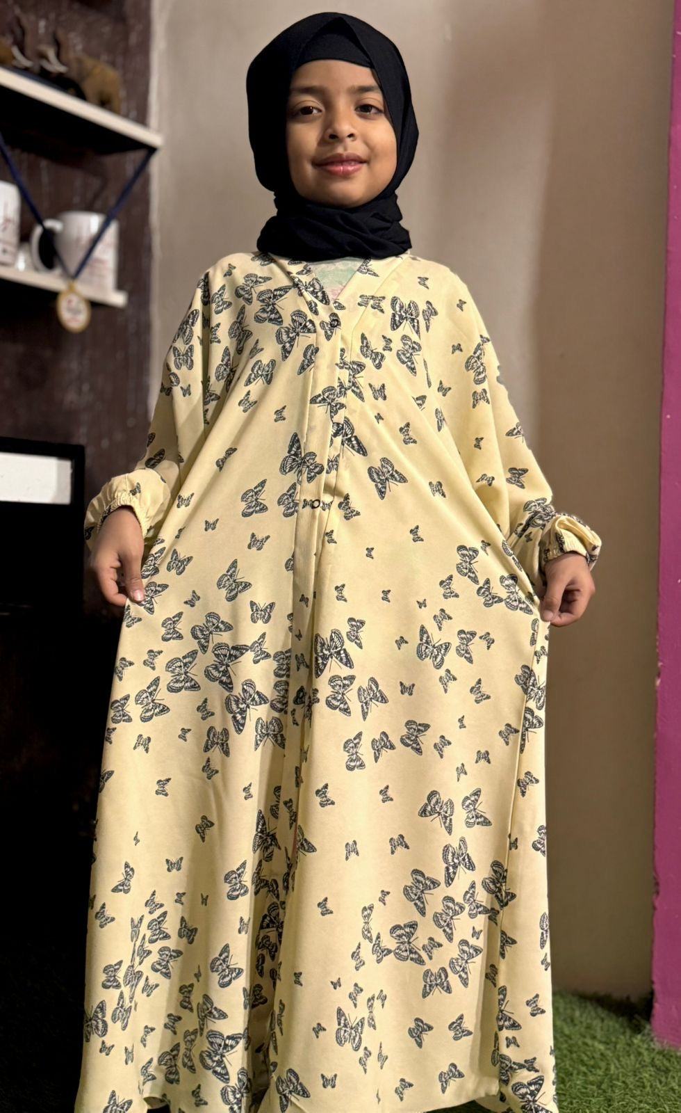 Kids Abaya Front Open Style - Desert Multi Butterflies