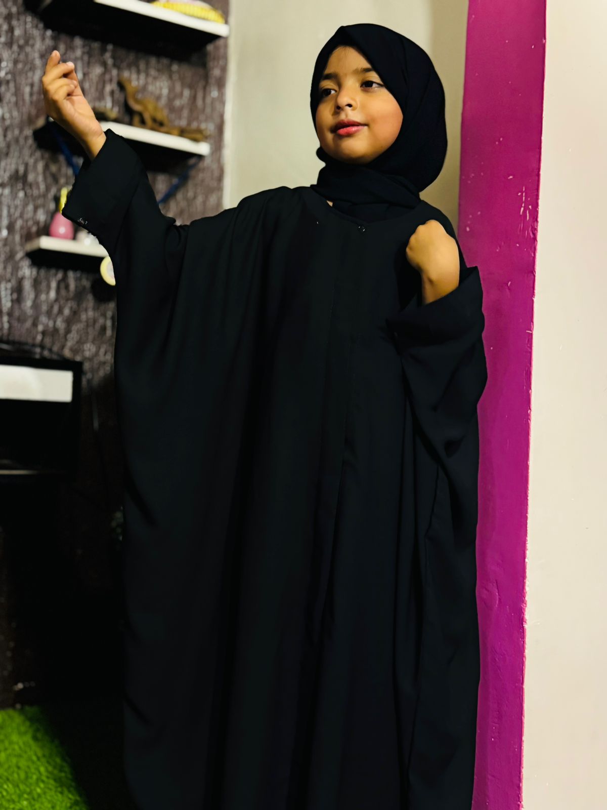Kids Kaaftan Abaya Front Open Style - Black