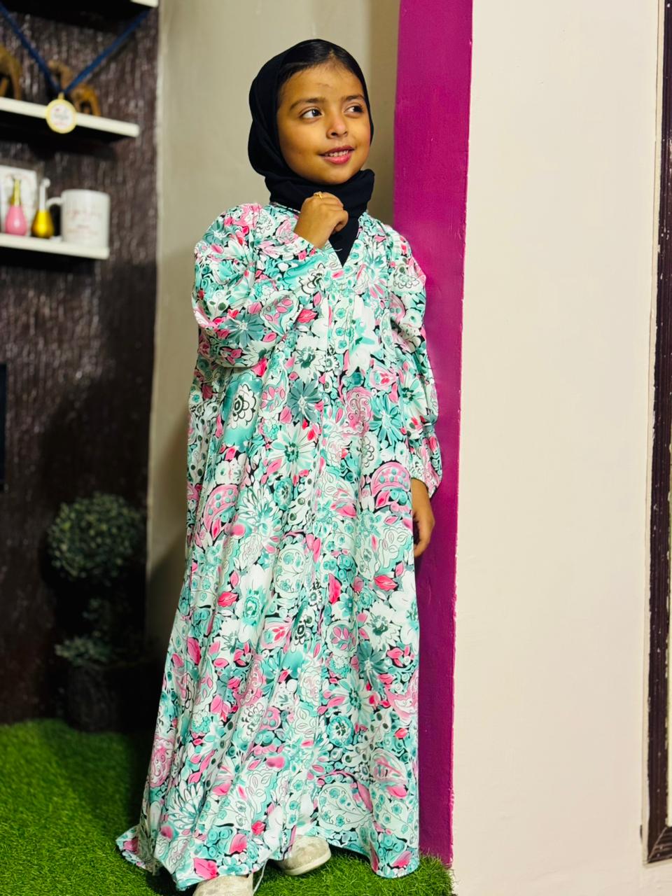 Kids Abaya Front Open Style - Multi Sea Green