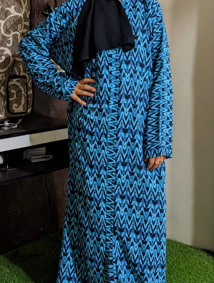 Adults Printed Abaya Front Open Style - Teal Electra