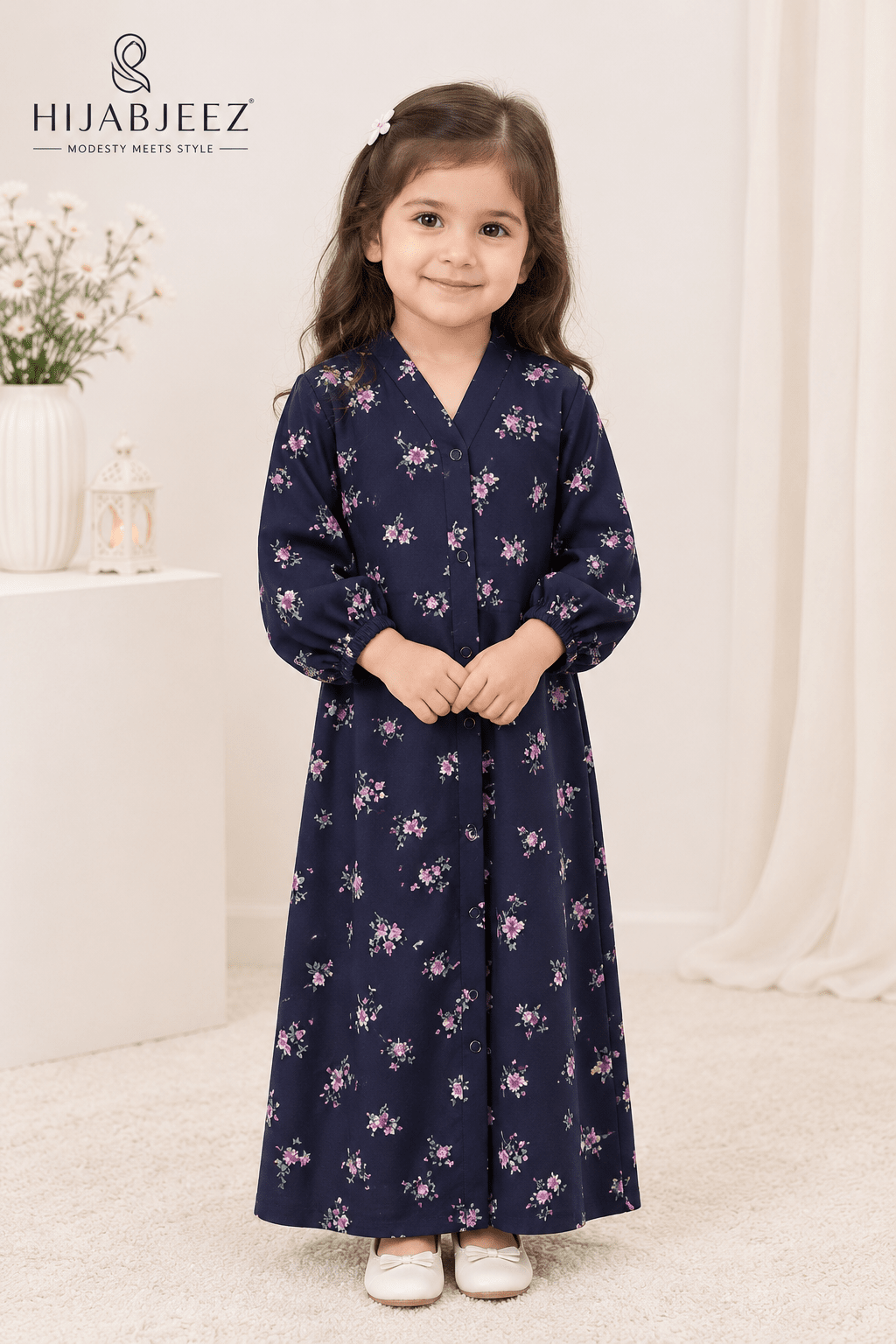 BABY Printed Abaya Front Open Style - Blue Flora