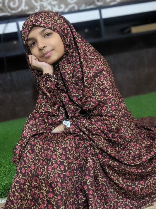 KIDS NAMAZ CHADDAR WITH FULL SLEEVES - Elite Maroon Golden Flower 12 to 14 Years