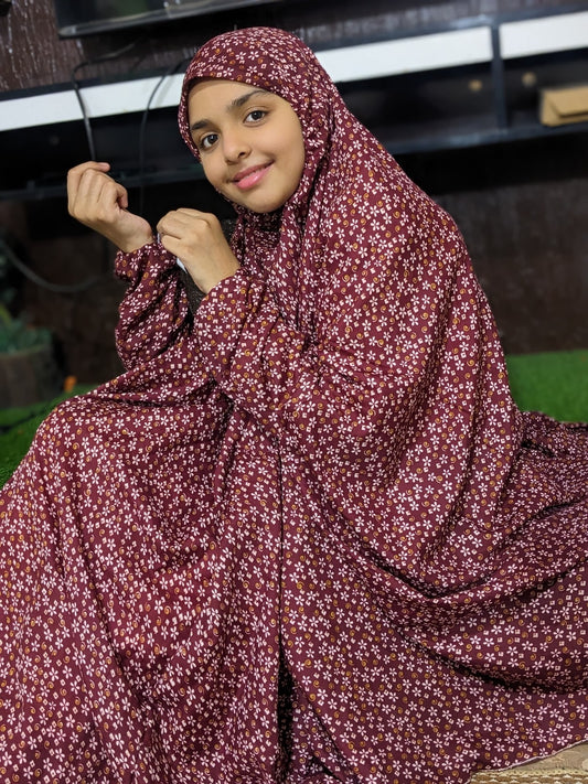 KIDS NAMAZ CHADDAR WITH FULL SLEEVES - Hibiscus Flower Maroon 12 to 14 Years