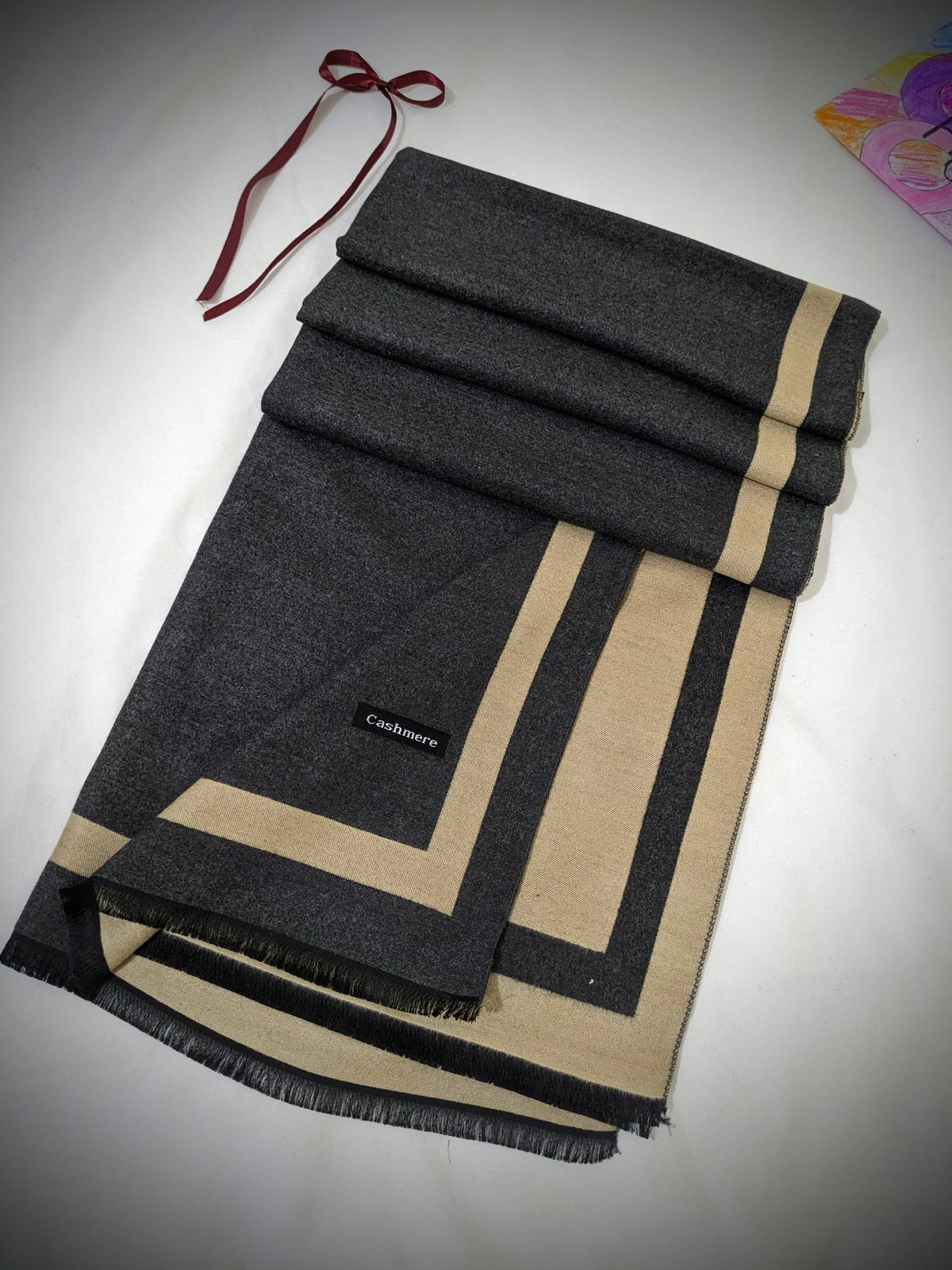 PURE WOOL PASHMINA DUAL SIDE - DK GREY X BEIGE BD