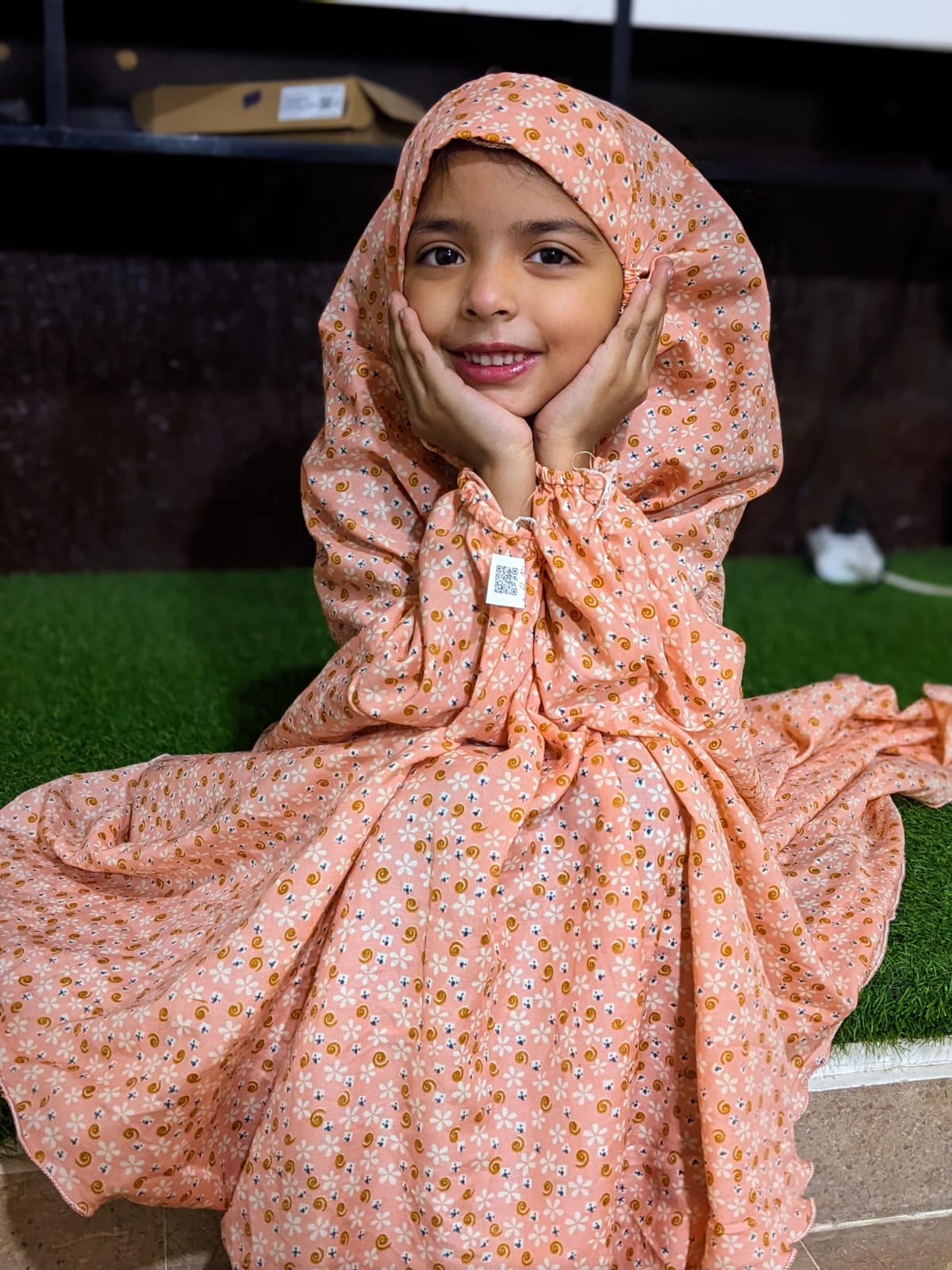 KIDS NAMAZ CHADDAR WITH FULL SLEEVES - Peach Pink with Flowers 5 to 7 Years