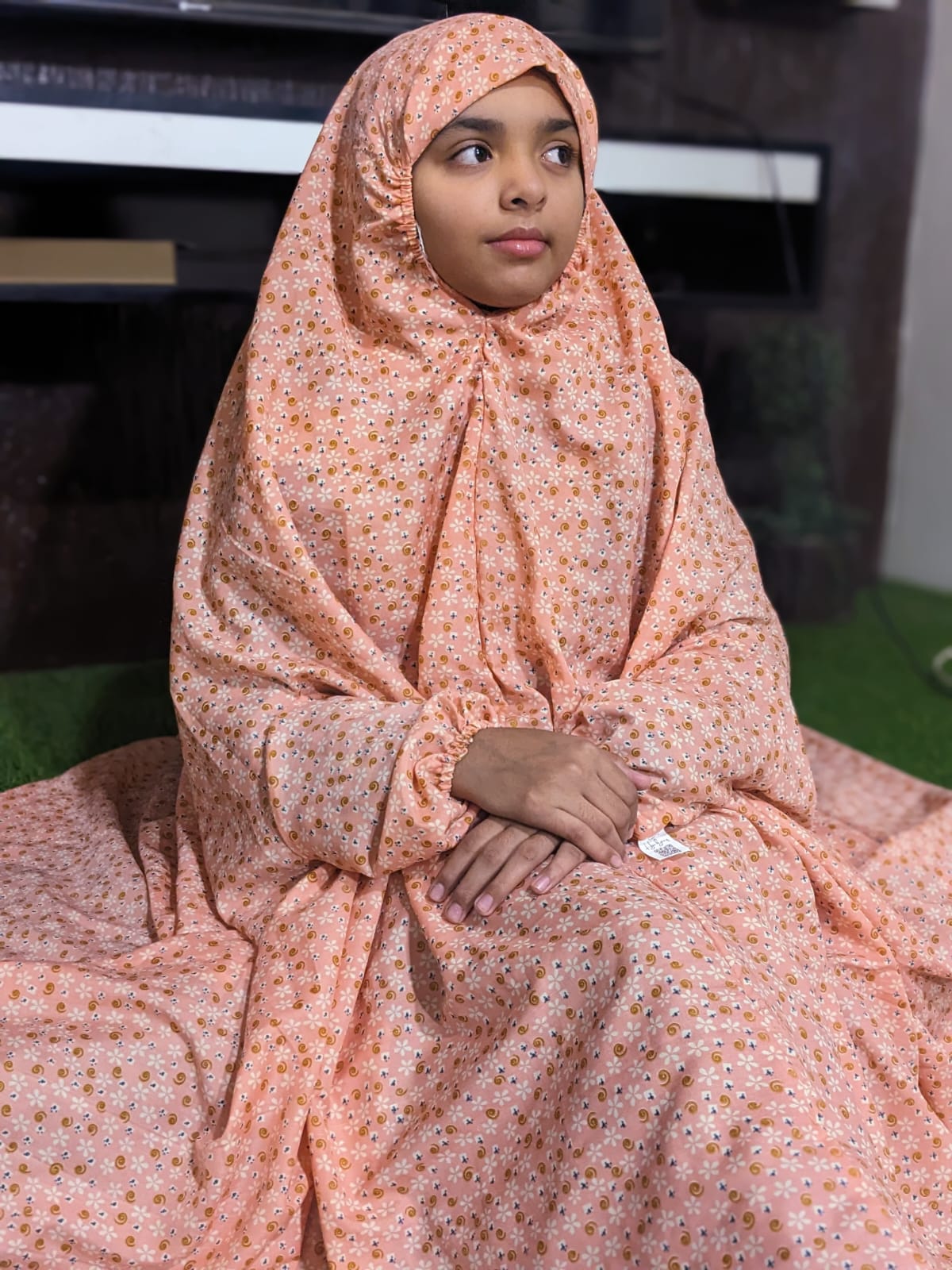 KIDS NAMAZ CHADDAR WITH FULL SLEEVES - Peach Pink with Flowers 12 to 14 Years