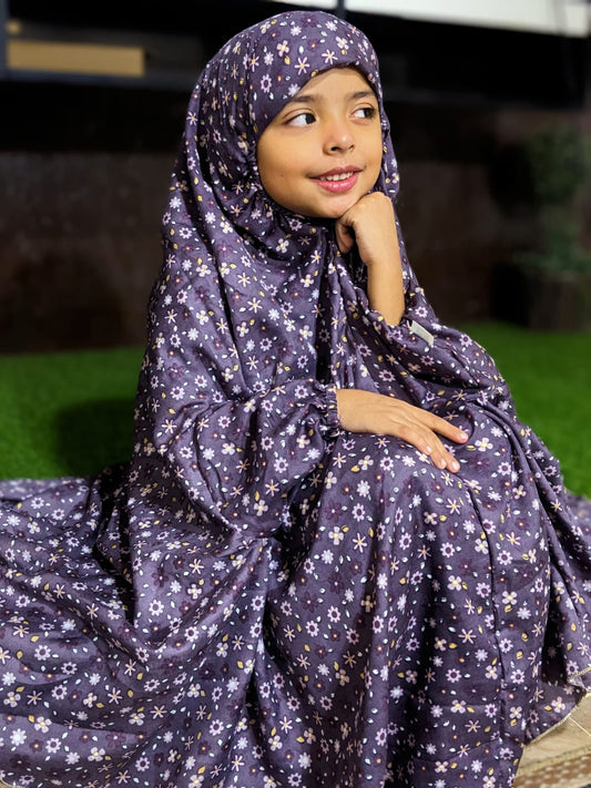 KIDS NAMAZ CHADDAR WITH FULL SLEEVES - Multi Flowers in Greyish Purple (5 to 7 Years)