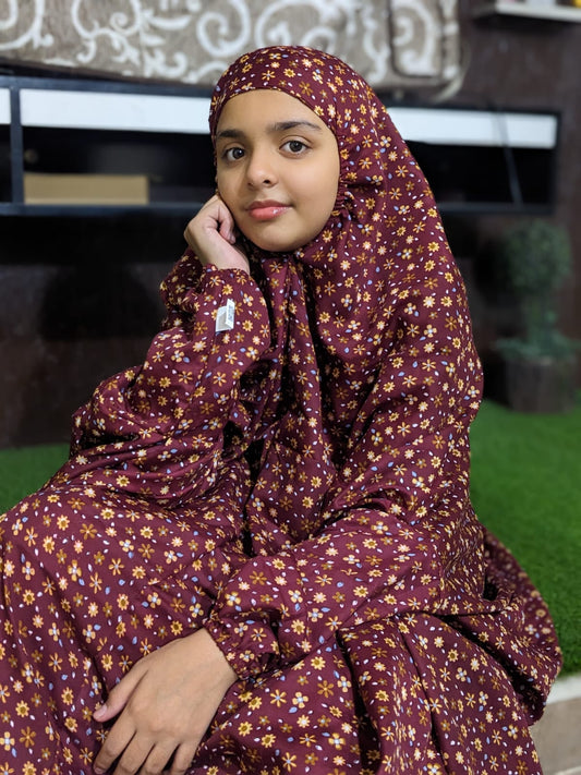 KIDS NAMAZ CHADDAR WITH FULL SLEEVES - Multi Flowers in Maroon 12 to 14 Years