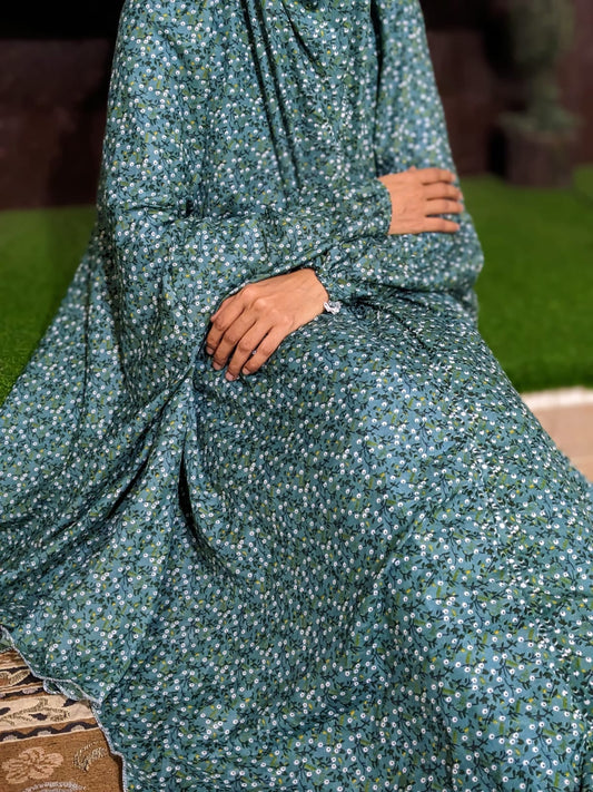 SWISS LAWN NAMAZ CHADDAR WITH SLEEVES - Multi Flower with Teal Base LARGE