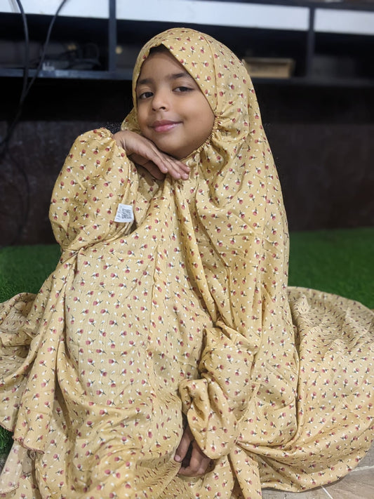 KIDS NAMAZ CHADDAR WITH FULL SLEEVES - Beige with Flowers 5 to 7 Years